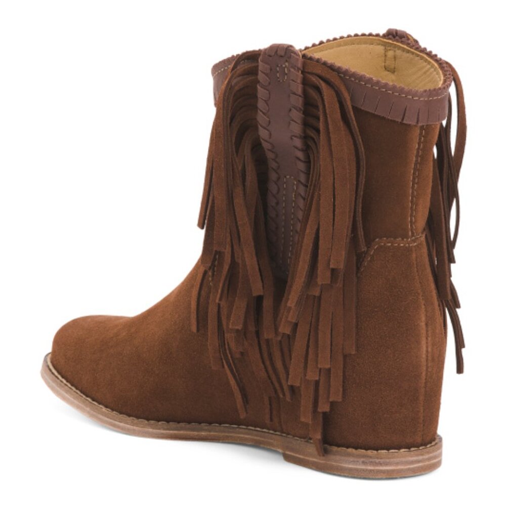 Lucchese Hidden Wedge Brown Suede Fringe Booties - Picture 10 of 11